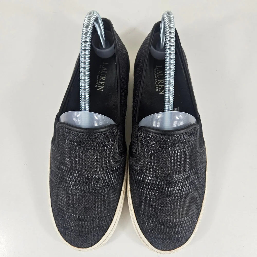 LRL Lauren Ralph Lauren Jinny Womens 7 Black Slip On Sneakers Shoes Gold Logo